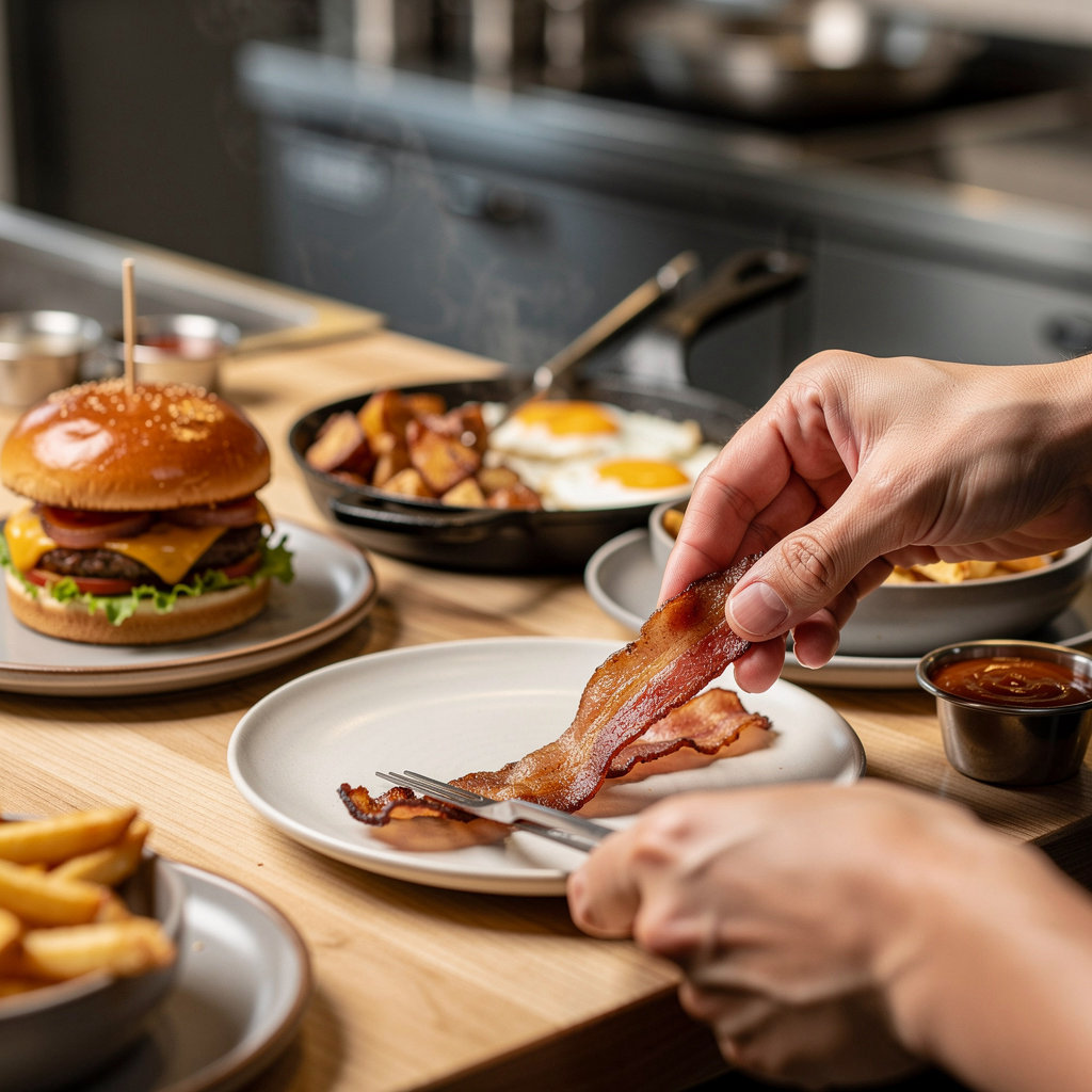 Smash Bacon National City full menu display featuring delicious bacon burgers and breakfast plates